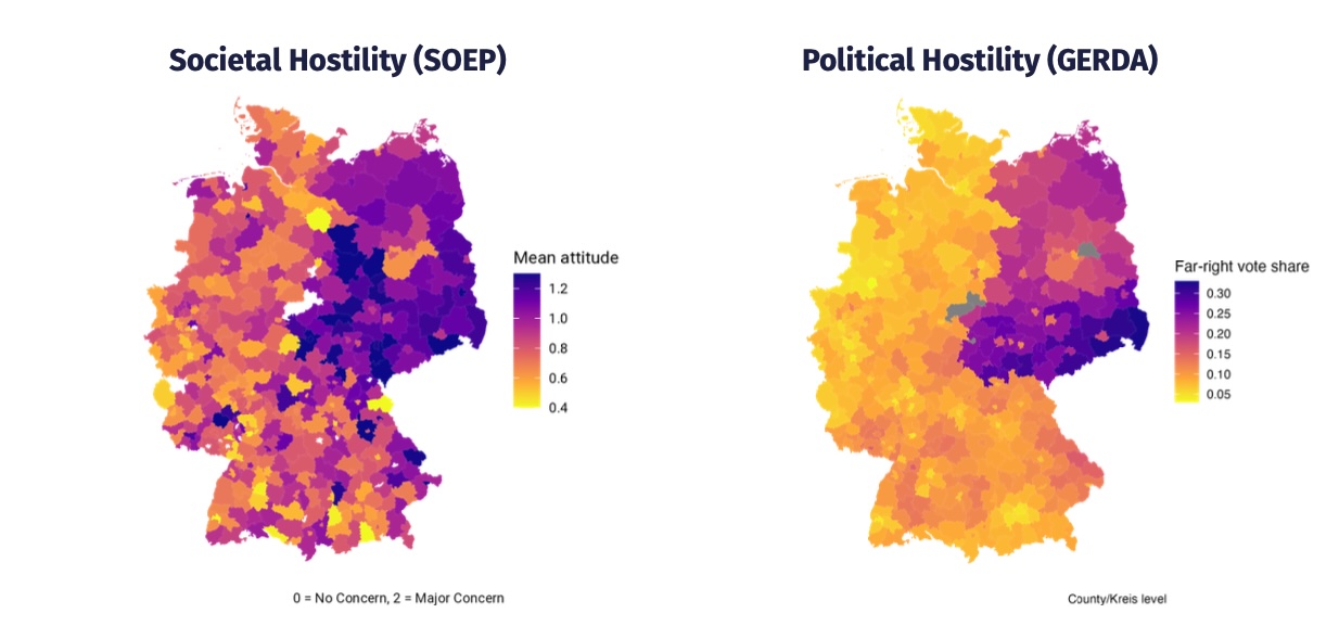 Maps of societal hostility and political hostility across districts in Germany.